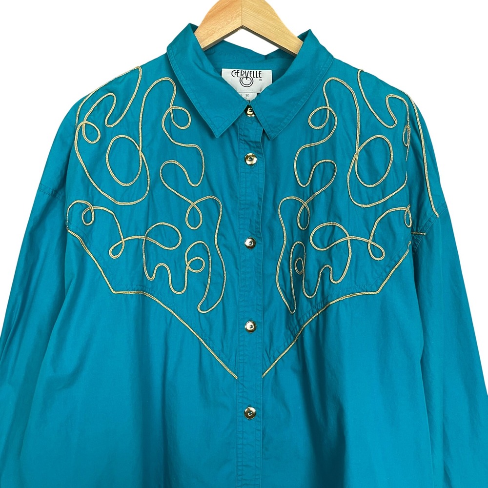 Vintage 90s Western Shirt Button Up Shirt Women‎ 3X Gold Soutache Embellishment